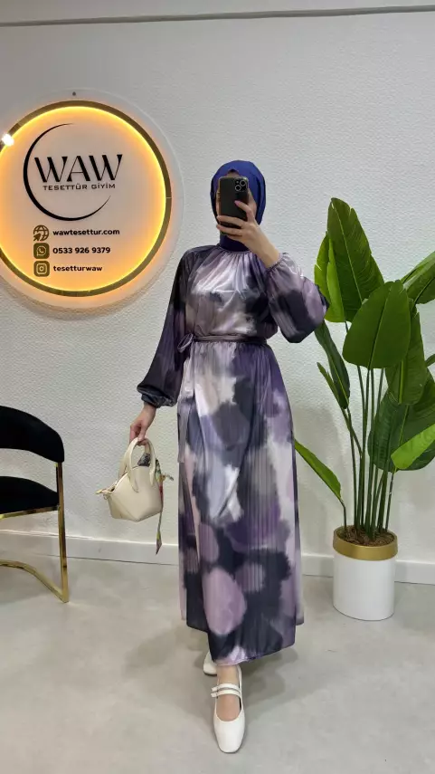 Desenli Saten Elbise - 9