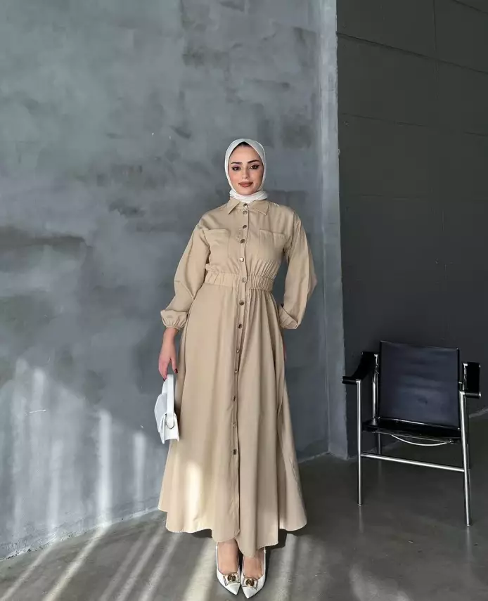 Düğmeli Trekoton Elbise - 2