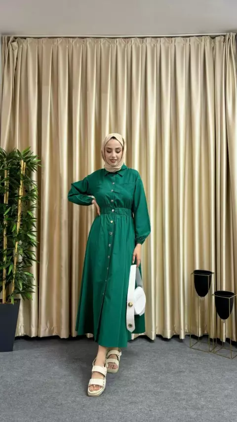Düğmeli Trekoton Elbise - 14